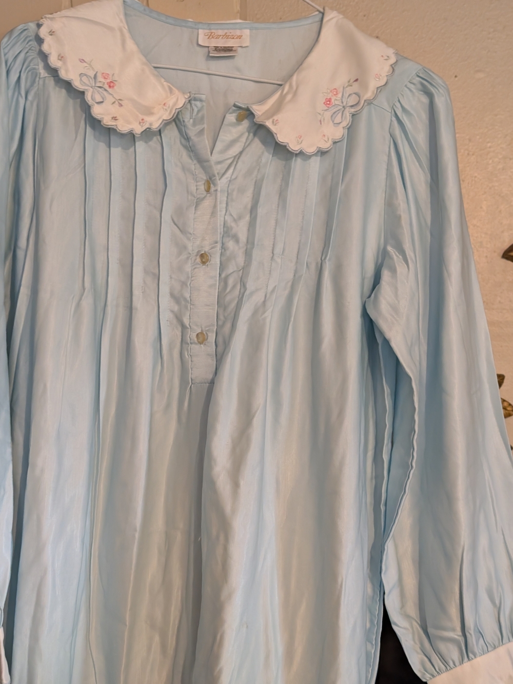 Vintage baby blue nylon women's small nightgown embroidered details